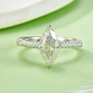 S925 Silver 3g Platinum Plated Marquise Moissanite Ring, 12x6mm 2.0ct D VVS1 Pave Band, GRA Certified US 5-9