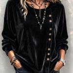 Solid-color Velvet Long-sleeve Top With Slanted Wooden Buttons Asymmetrical Round Neckline
