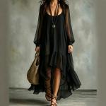 Women's Fashion Pure Color Mesh Irregular Flowy Dress