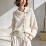 Cardigan Asymmetric Wide Collar Pearl Buckle Knitted Sweater
