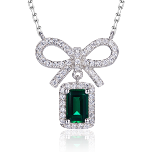 S925 Silver 2.6g Lab-Created Emerald Bow Necklace, 0.5ct Gem, 40&5cm