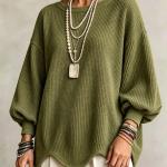 Women's Autumn Round-Neck Lantern-Sleeve Top With Irregular Wavy Hem