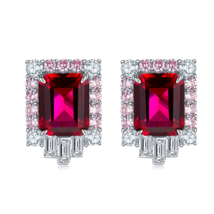 S925 Silver 6.5g 8ct Lab-Created Ruby Earrings, 10x8mm Emerald Cut, Pair