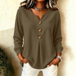 Loose-fit V-neck Button-down Solid-color Casual Top For Fallwinter