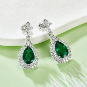 S925 Silver 5.4g Lab-Created Emerald Drop Earrings, 3.4ct 11x7mm Halo Pair