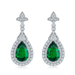 S925 Silver 5.4g Lab-Created Emerald Drop Earrings, 3.4ct 11x7mm Halo Pair