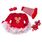 Baby Christmas Long-sleeve Cartoon Romper Dress Red Tulle One-piece Outfit Four-piece Set