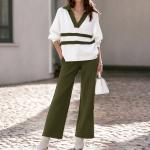 Womens Casual Color-Block Striped Top And Pants Set