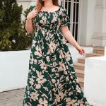 Womens Plus-Size Printed Bohemian French-Style Midi Dress
