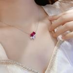S925 Silver 4.1g Double Heart Lab-Created Gemstone Necklace, 7mm Pendant, 4 Colors, 40&5cm