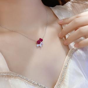 S925 Silver 4.1g Double Heart Lab-Created Gemstone Necklace, 7mm Pendant, 4 Colors, 40&5cm