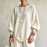 Women's Autumn Round-Neck Lantern-Sleeve Top With Irregular Wavy Hem