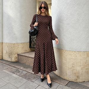Women's Autumn New Style Waist-Cinching Bell-Sleeve Polka-Dot Dress