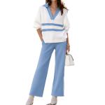 Womens Casual Color-Block Striped Top And Pants Set