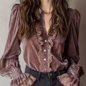 European And American Vintage Velvet Women's V-neck Blouse