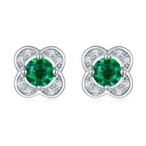 S925 Silver 1.5g 0.45ct Lab-Created Emerald Clover Earrings, 4mm Studs, Pair