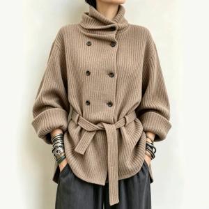 Womens Autumnwinter Ribbed-knit Turtleneck With A Double-breasted Design