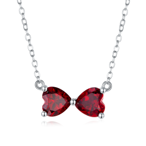 S925 Silver 2.4g 1.6ct Lab-Created Ruby Bow Necklace, 6mm Heart Pendant, 40&5cm
