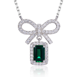 S925 Silver 2.6g Lab-Created Emerald Bow Necklace, 0.5ct Gem, 40&5cm