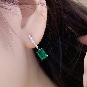 S925 Silver 2.7g Lab-Created Emerald Drop Earrings, 8x6mm 2pcs, 40&5cm, GRA Certified