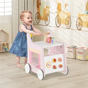 2-in-1 Baby Walker with 8 Fun Activities (Dessert Sorter/Adjustable Clock/Maze) + Side Shop Window (Role Play)-Pink