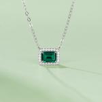 S925 Silver 2.4g 0.9ct Lab-Created Emerald Necklace, 7x5mm Halo Pendant, 40&5cm