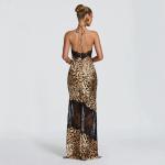 Retro Leopard-print Lace-trimmed Halter-neck Dress