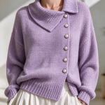 Cardigan Asymmetric Wide Collar Pearl Buckle Knitted Sweater