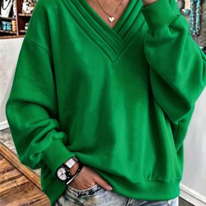 Women's Solid Color Loose V-neck Brushed Hoody