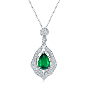 S925 Silver 5.4g Platinum Plated 4ct Lab-Created Emerald Necklace, 12x8mm Teardrop Pendant, 40&5cm
