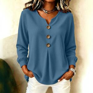 Loose-fit V-neck Button-down Solid-color Casual Top For Fallwinter