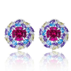 S925 Silver 6.5g 2ct Lab-Created Ruby Earrings, Multicolor Cluster, Pair