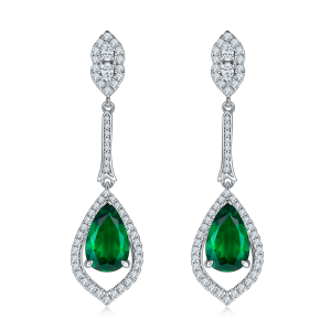 S925 Silver 5.6g Lab-Created Emerald Drop Earrings, 3.4ct 11x7mm Pair