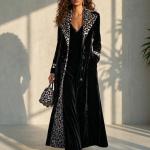 Retro Leopard-print Color-block Lapel Single-breasted Long-sleeve Trench Coat