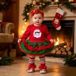 Baby Christmas Long-sleeve Cartoon Romper Dress Red Tulle One-piece Outfit Four-piece Set
