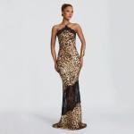 Retro Leopard-print Lace-trimmed Halter-neck Dress