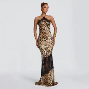 Retro Leopard-print Lace-trimmed Halter-neck Dress