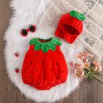 Babys Fallwinter Strawberry-themed Romper And Hat Two-piece Set