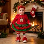 Baby Christmas Long-sleeve Cartoon Romper Dress Red Tulle One-piece Outfit Four-piece Set