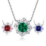S925 Silver 5.6g Lab-Created Ruby Sapphire Emerald Necklace, 9x9mm Cushion Cut, 40&5cm