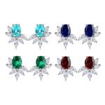 S925 Silver 7.3g Lab Created Gemstone Earrings, 10x8mm Multi-Color Flower Studs, Ruby Sapphire Emerald Paraiba