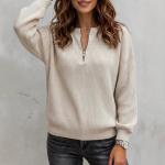 Women's Solid-color Zip-up Long-sleeve Casual Loose-fit Crew-neck Top