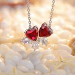 S925 Silver 4.1g Double Heart Lab-Created Gemstone Necklace, 7mm Pendant, 4 Colors, 40&5cm