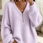 Half-zip V-neck Chunky-knit Sweater Relaxed-fit Knit Top