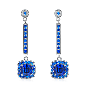 S925 Silver 4.5g Lab-Created Sapphire Drop Earrings, 2ct 6x6mm Cushion, Pair