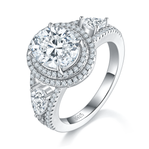 3 Carat Oval Moissanite Engagement Ring, Double Halo S925 Silver Platinum Plated 8x10mm D Color VVS1 With GRA Certificate, US Size 5-9.