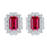 S925 Silver 2.2g Platinum Plated 1.6ct Lab-Created Ruby Stud Earrings, 6x4mm Emerald Cut, Pair