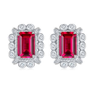 S925 Silver 2.2g Platinum Plated 1.6ct Lab-Created Ruby Stud Earrings, 6x4mm Emerald Cut, Pair