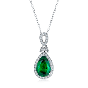 S925 Silver 3.3g Platinum Plated 4ct Lab-Created Emerald Necklace, 12x8mm Halo Pendant, 40&5cm
