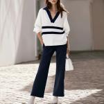 Womens Casual Color-Block Striped Top And Pants Set